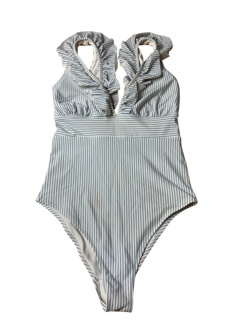 H&M Blue & White Striped Ruffle V-Neck One-Piece Swimsuit - Size S